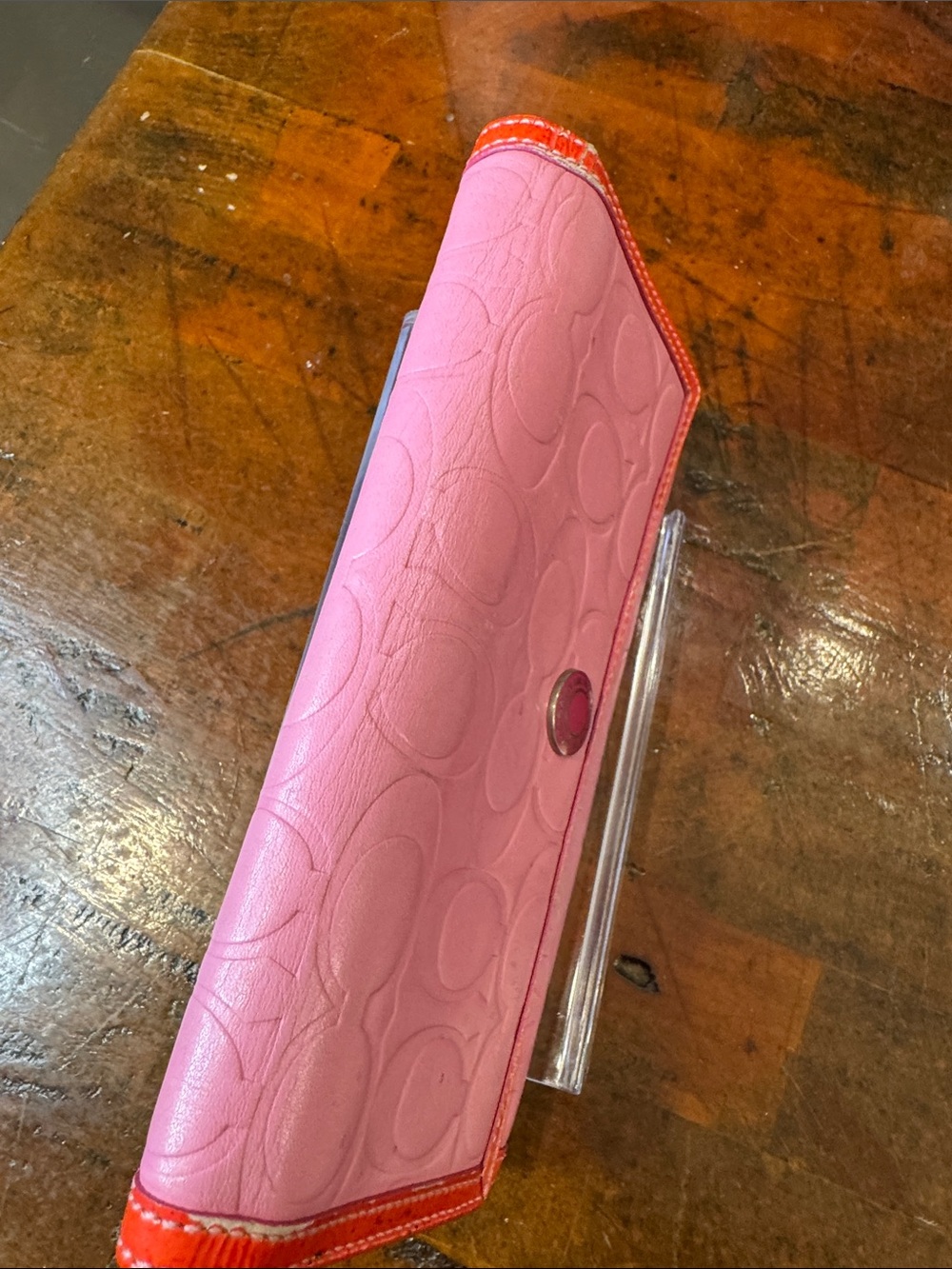 Coach Pink Signature Leather Continental Wallet with Orange Trim - Picture 7 of 14